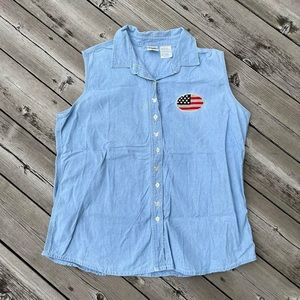light blue denim sleeveless mickey mouse american flag patched blouse